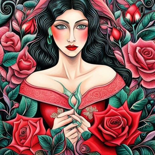 Hyperdetailed Lady in a Rose Forest