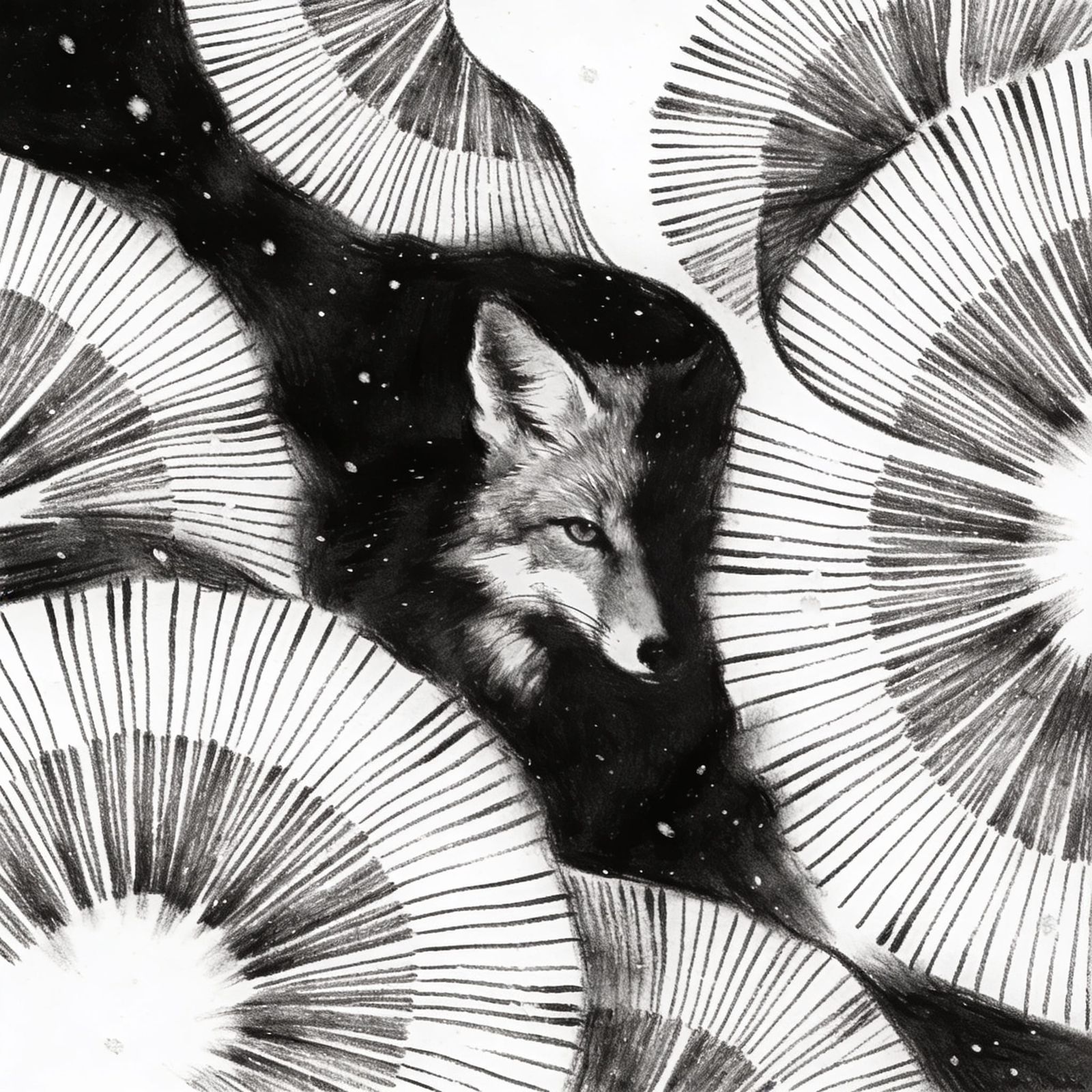 Charcoal artwork of a fox on a winter's night. stark contrast between black and white. The use of curved and flowing lin...