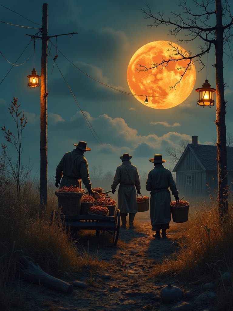 Moonlit Harvest: Farmers in a Photorealistic Landscape