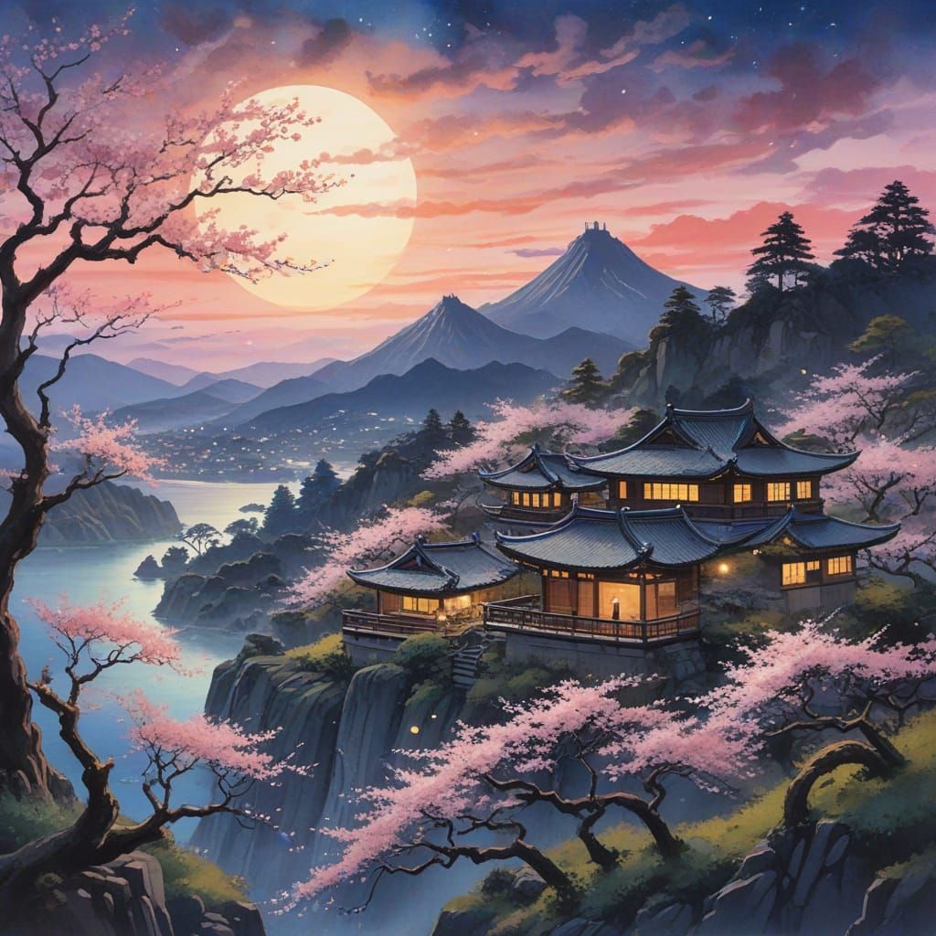 Backlit Japanese Village Silhouette in Watercolor Style