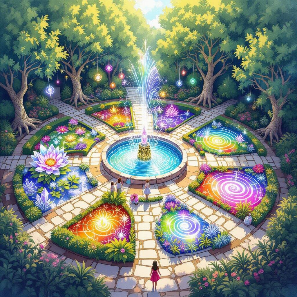 Magical Garden Mandala: Aerial Watercolor Illustration