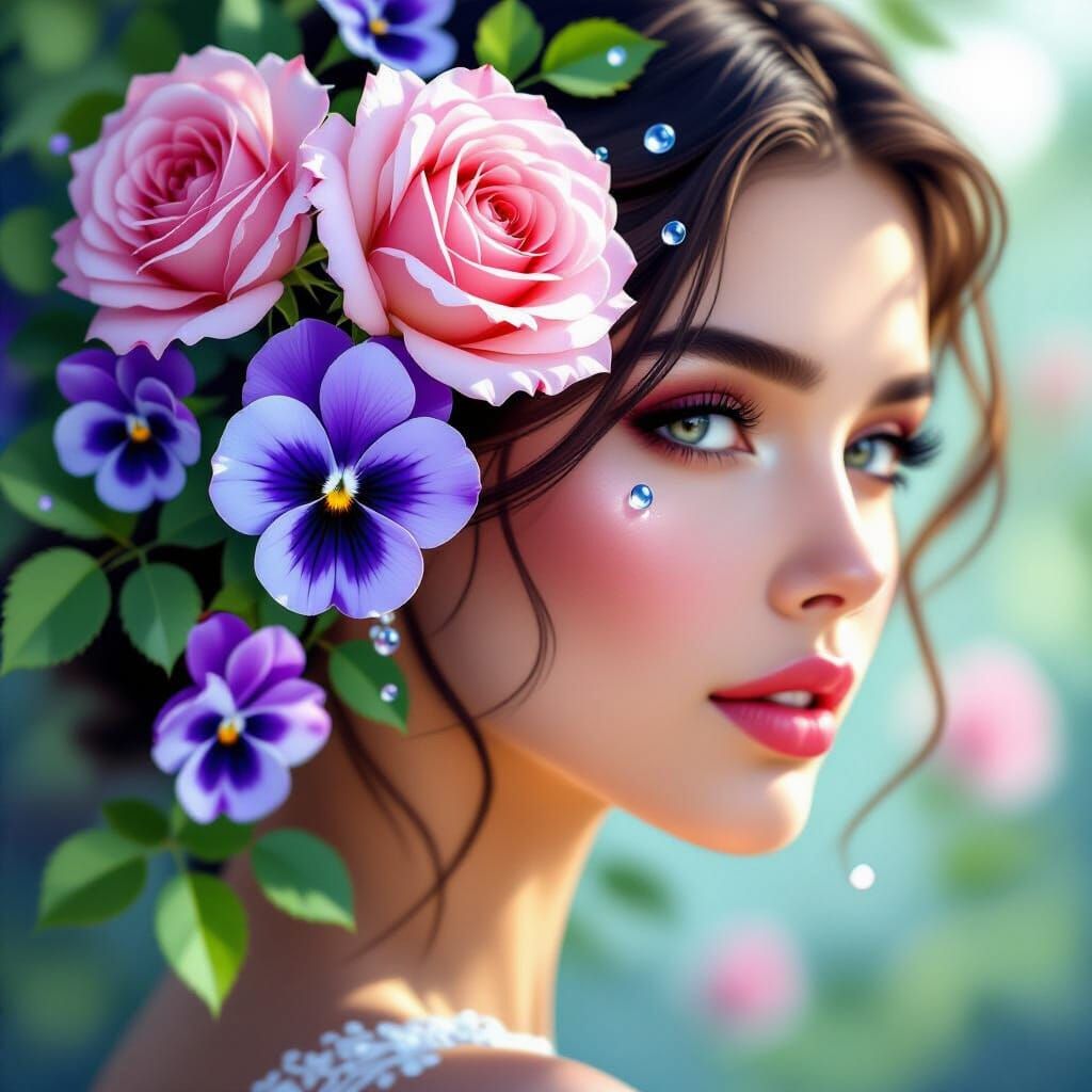 Ethereal Roses and Violets with Dewdrops, Romantic Floral Ar...