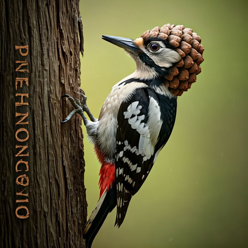 Surreal Woodpecker with Pinecone Head Illustration