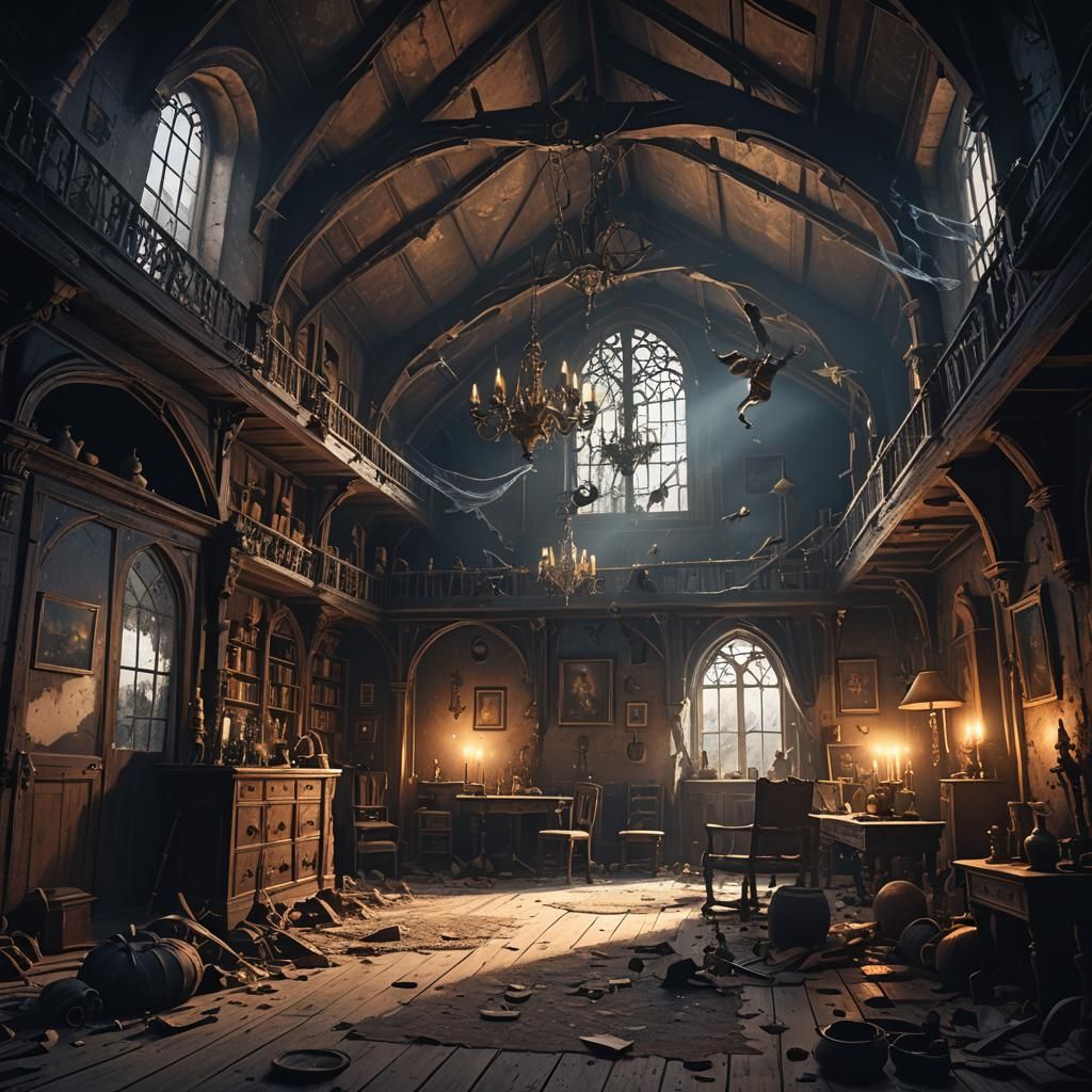 Mysterious Gothic Attic Bathed in Moonlight