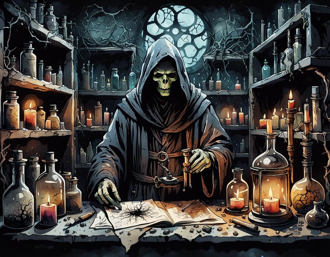 Haunted Alchemist in Gothic Dark Fantasy Watercolor