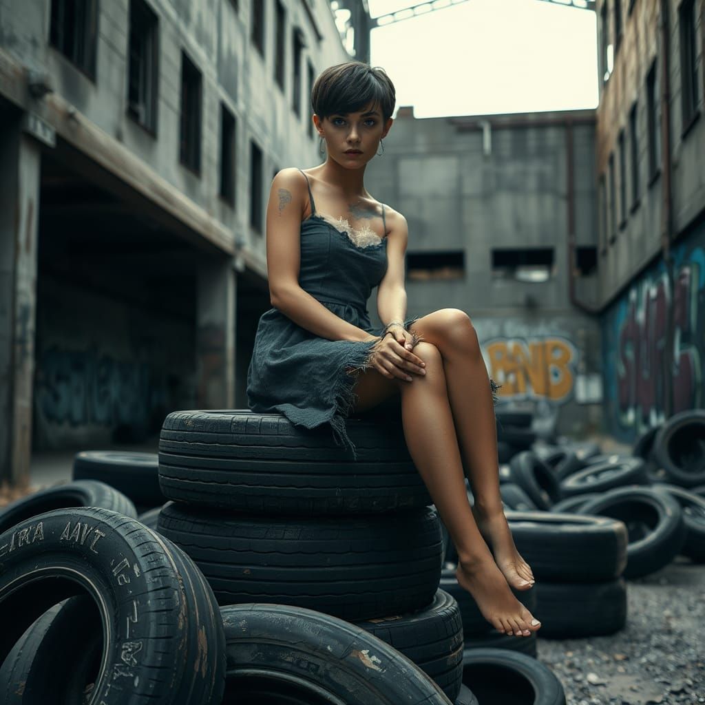 Edgy Portrait in Abandoned Factory, Photorealistic Style