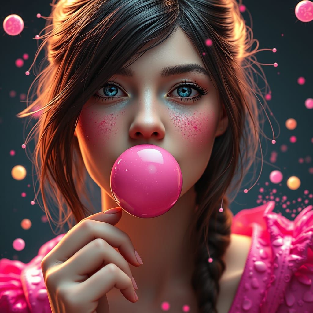 Beautiful Brunette Girl in a Fantastical Bubblegum Landscape