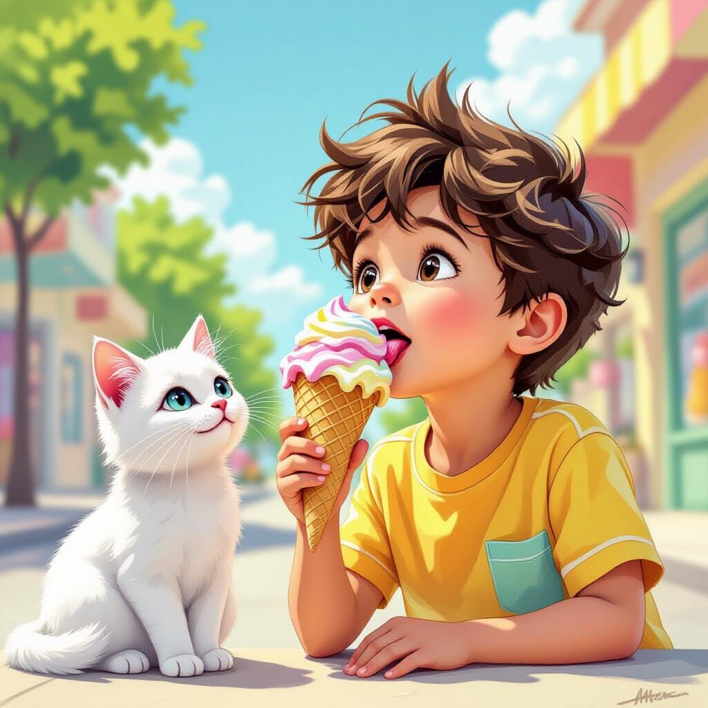 Boy and Cat Enjoying Ice Cream, in Comic Art Style