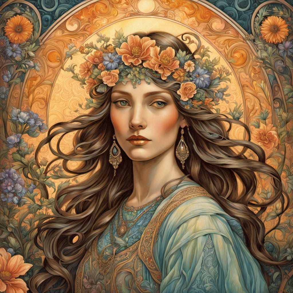 Woman in Wildflower Field with Holographic Projections