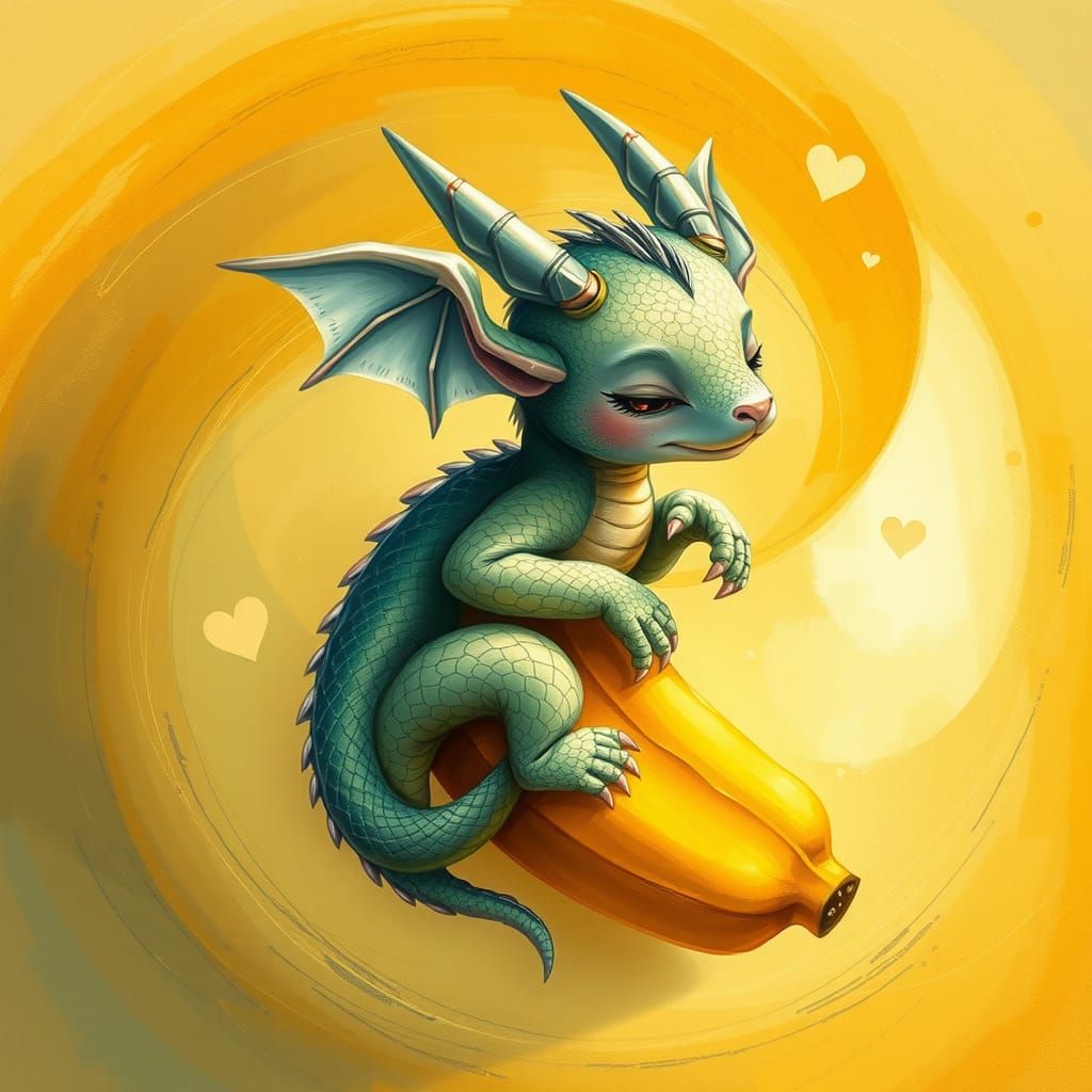 Iridescent Dragon and Banana Fantasy Illustration