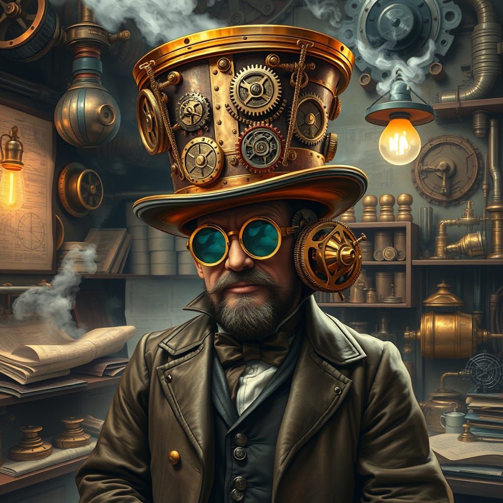 Steampunk Inventor Displays Brass Gear Top Hat in Workshop
