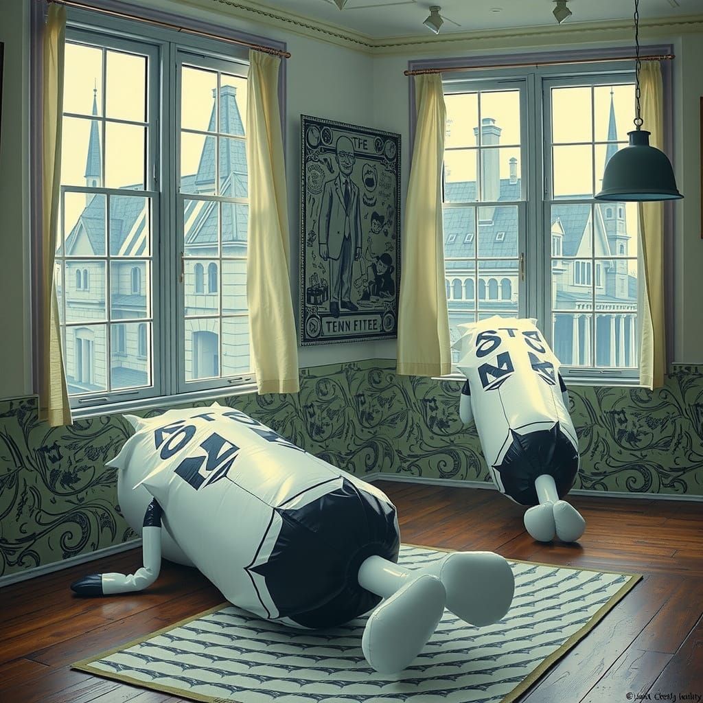 Vinyl Figures in Art Gallery, Linocut Style