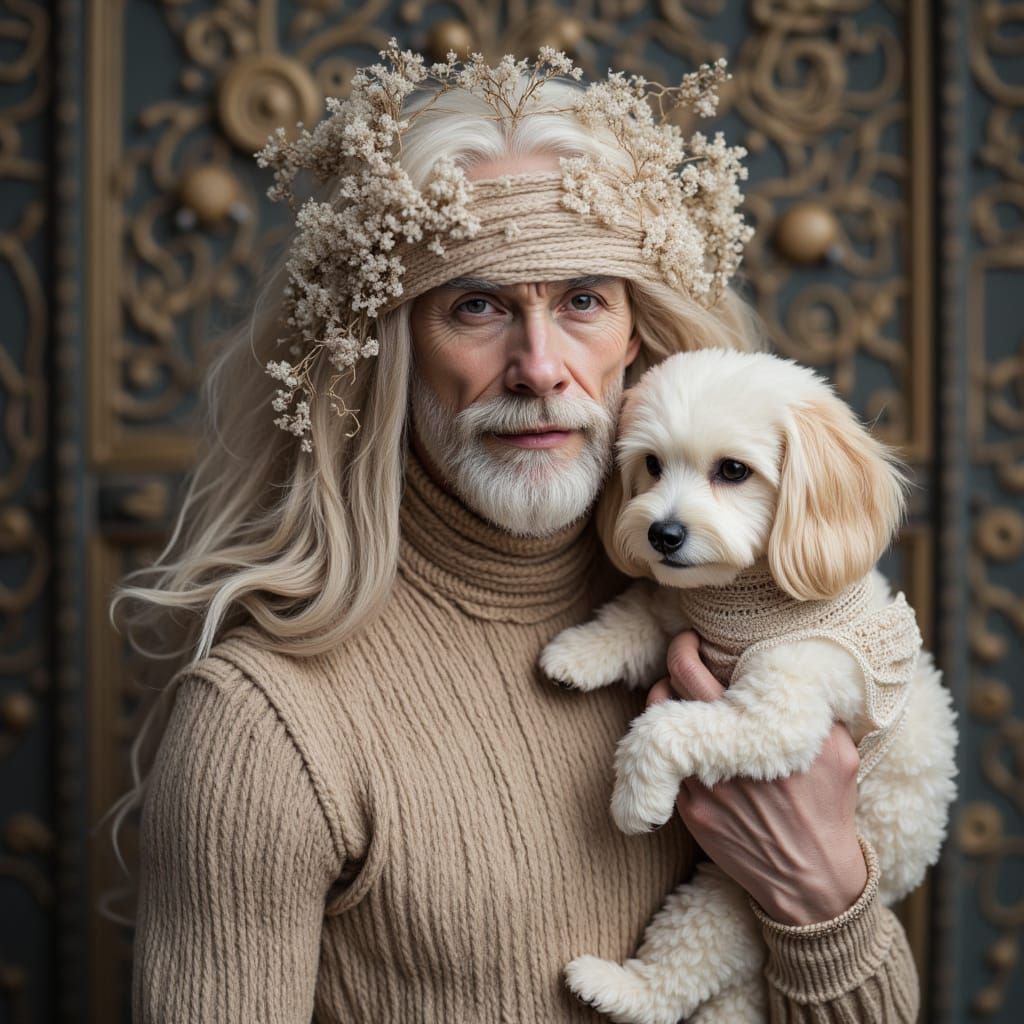 Elegant Gentleman Surrounded by Flowers and a Loyal Maltese