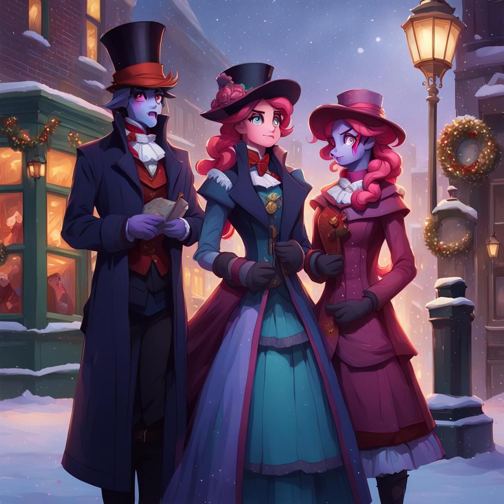 Victorian Carolers in Winter City, Digital Art