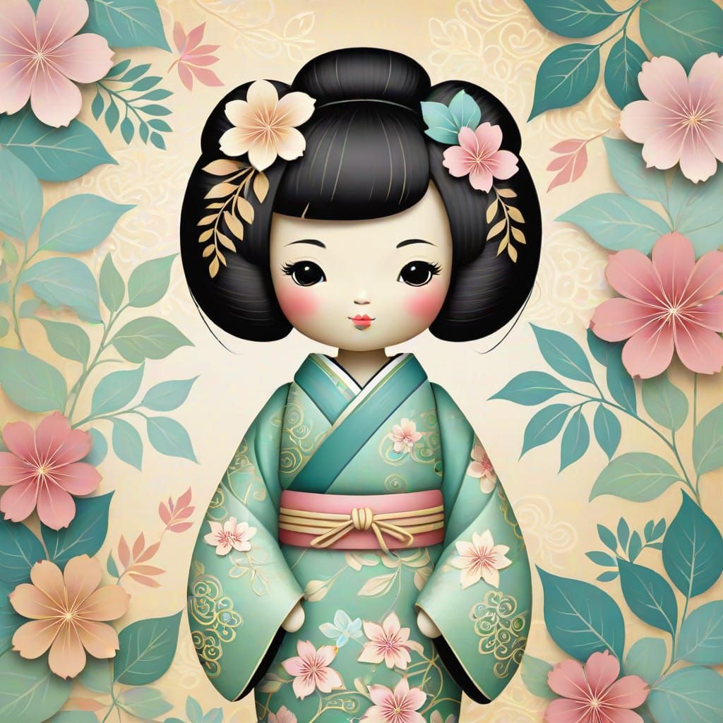 Delicate Pastel Kokeshi Doll in Whimsical Leafy Surrounds