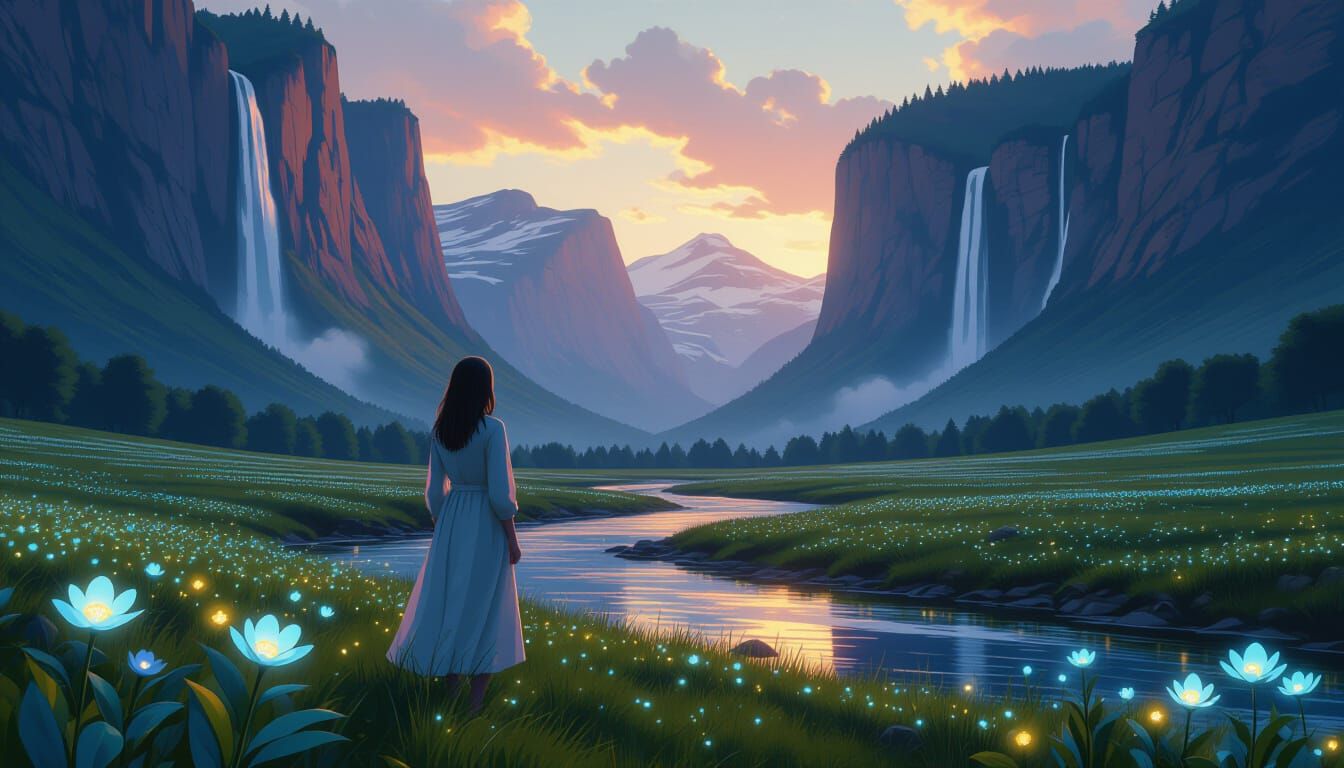 Woman in Serene Valley with Bioluminescent Flowers
