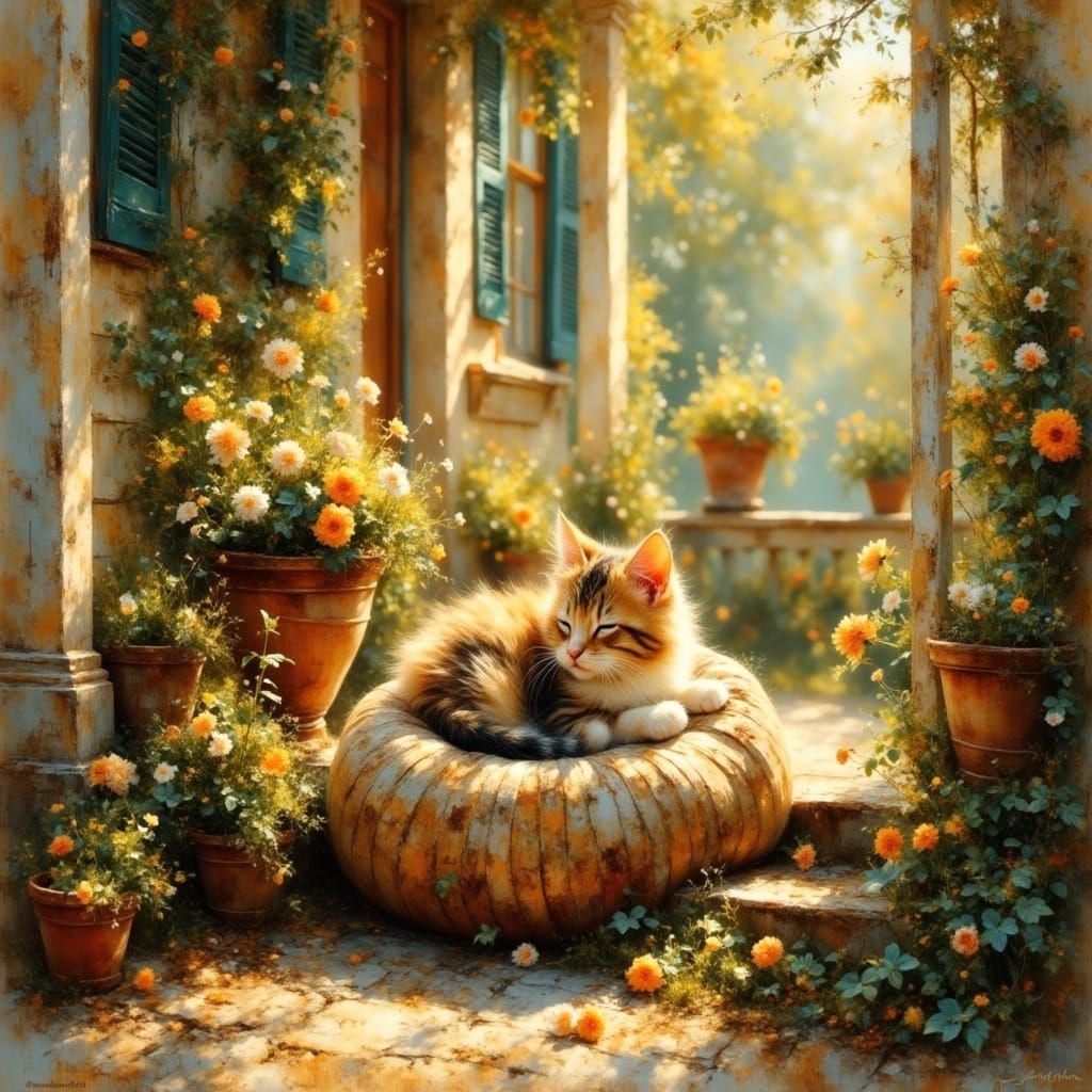 Cozy Whimsical Scene of Kitten on Front Porch in Impressioni...