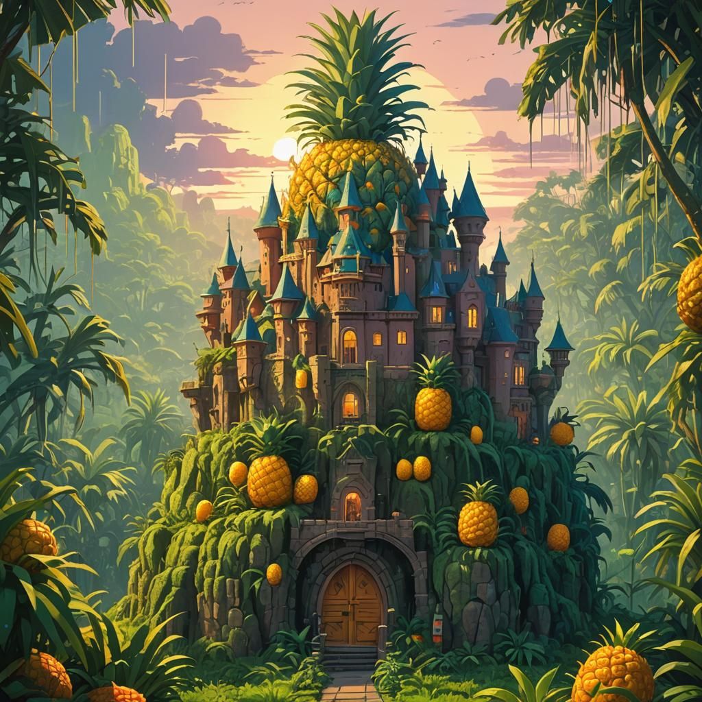 Pineapple Castle at Sunrise in Dreamlike Style