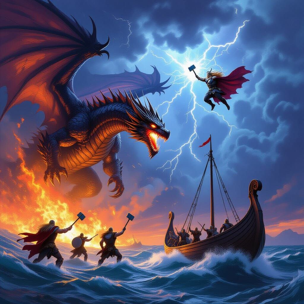 Epic Dragon Attack on Viking Ship with Thor