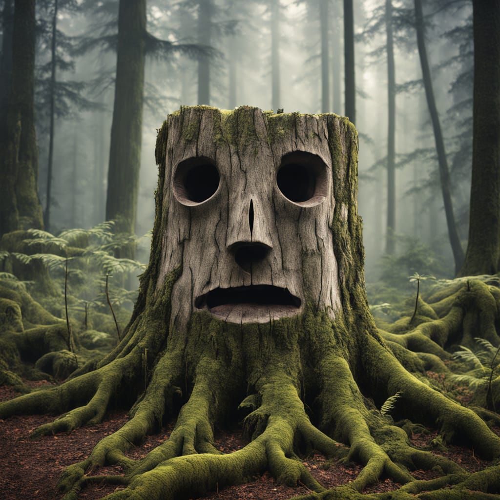 Tree Stump Faces in Misty Forest: Expressive Watercolor
