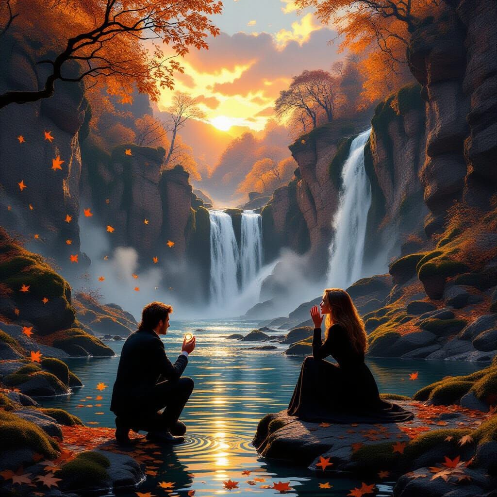 Autumn Valley Waterfall Proposal Scene in Cinematic Style