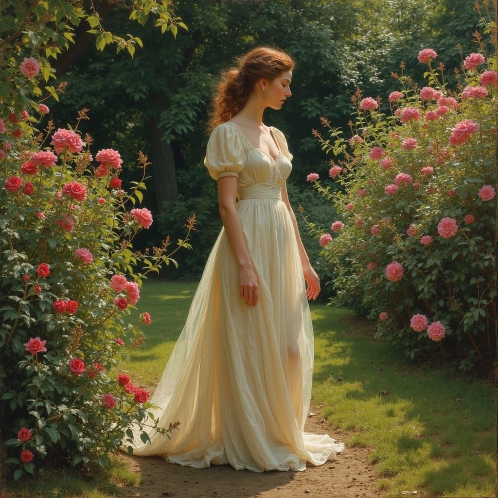 Woman in Vintage Dress in Tranquil Garden