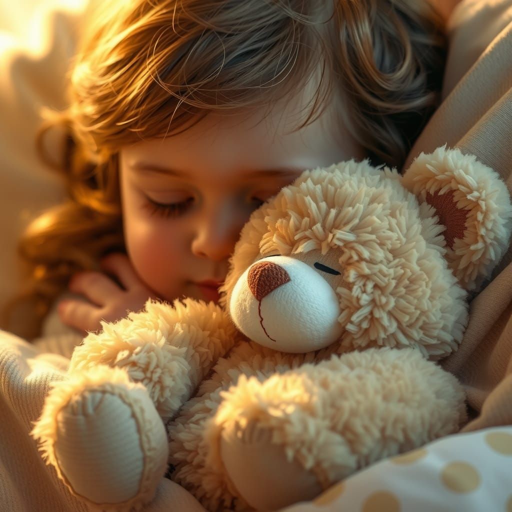 Child Sleeping with Teddy Bear in Magical Realism Style