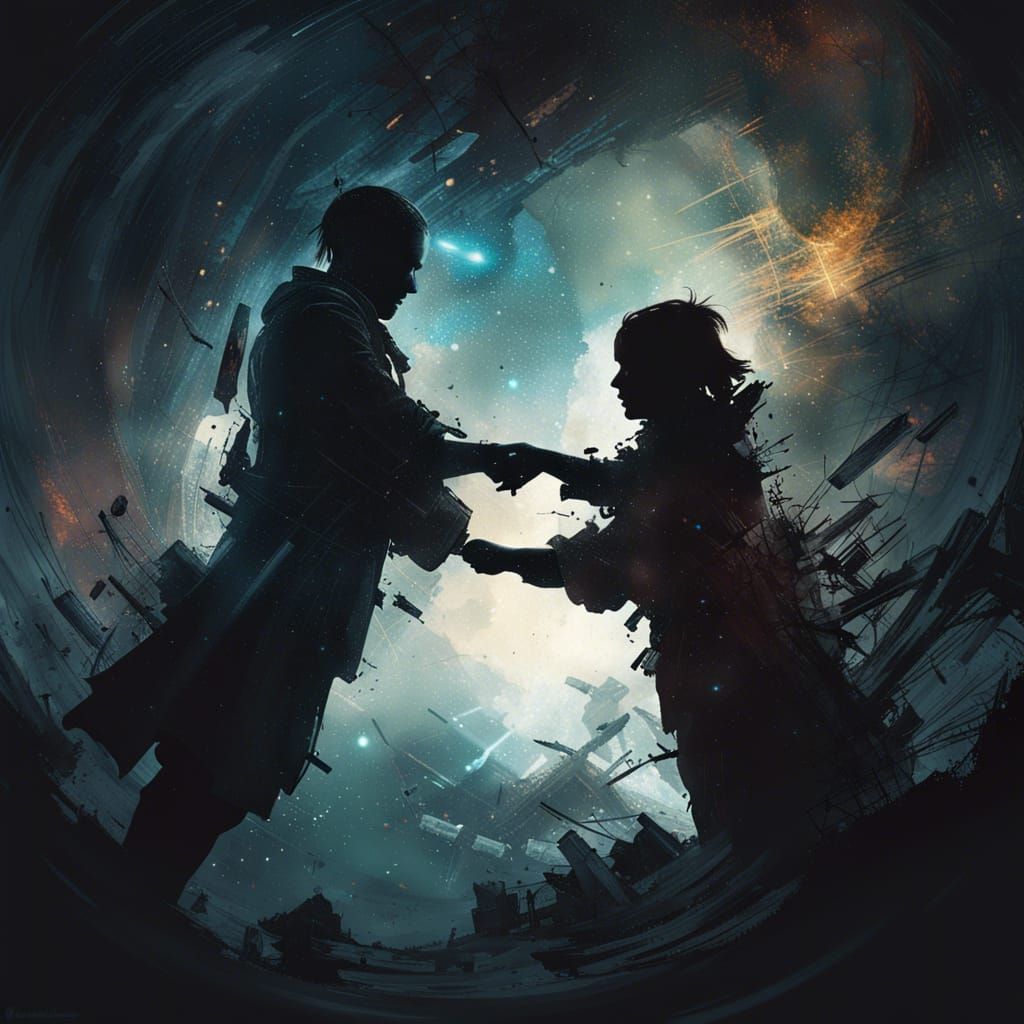 Cosmic Handshake Silhouette in Maximalist Style