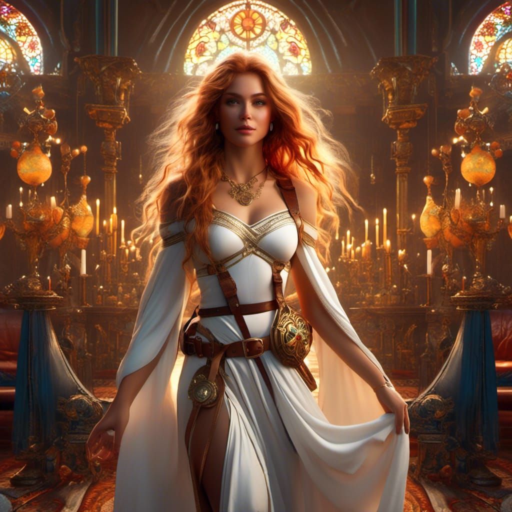 Smiling Female Cleric in Hyperrealistic Fantasy Scene