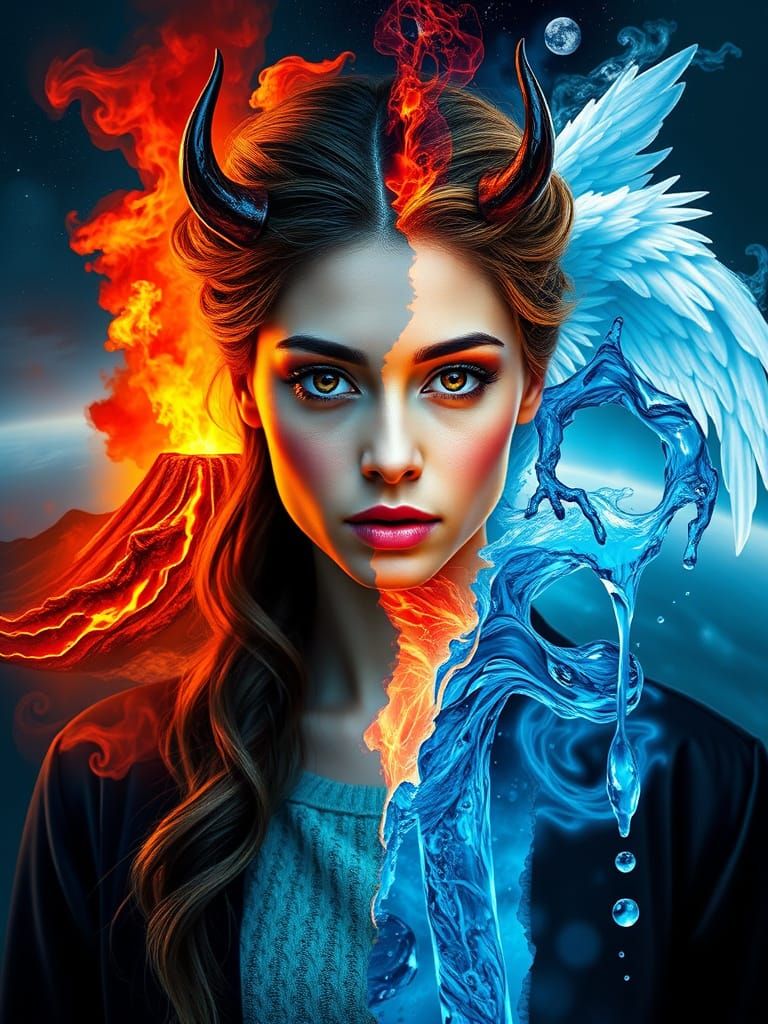 A woman portrait split between good and evil