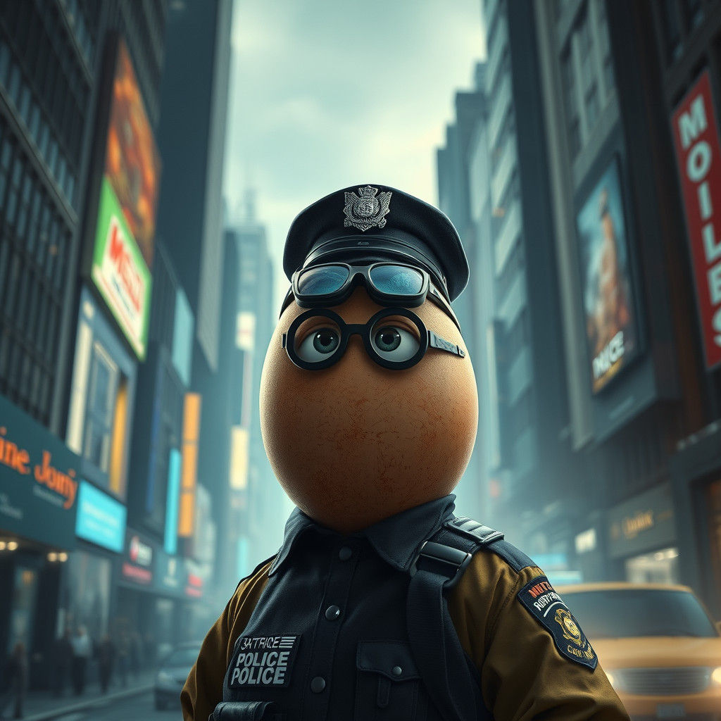Egg Police Officer in Cityscape Digital Painting