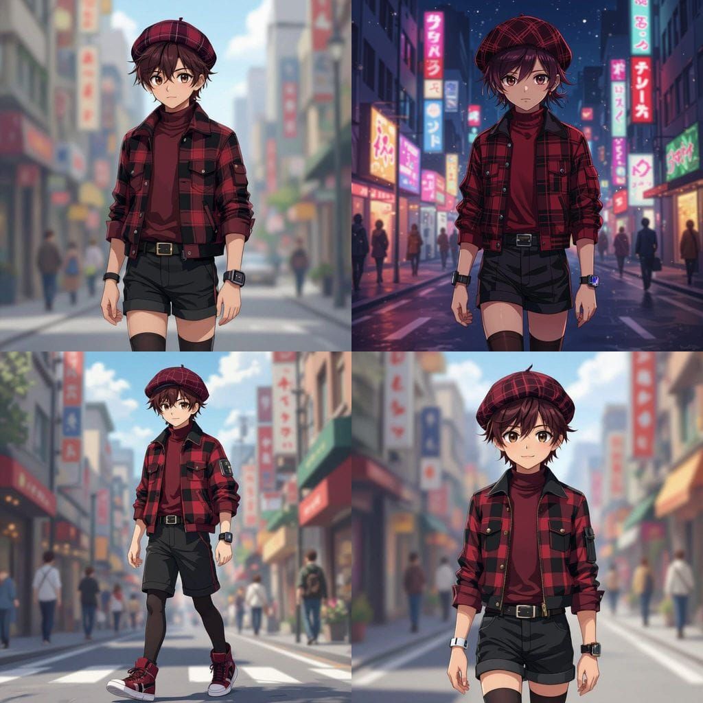 Teenage Anime Boy in Burgundy Beret on City Street