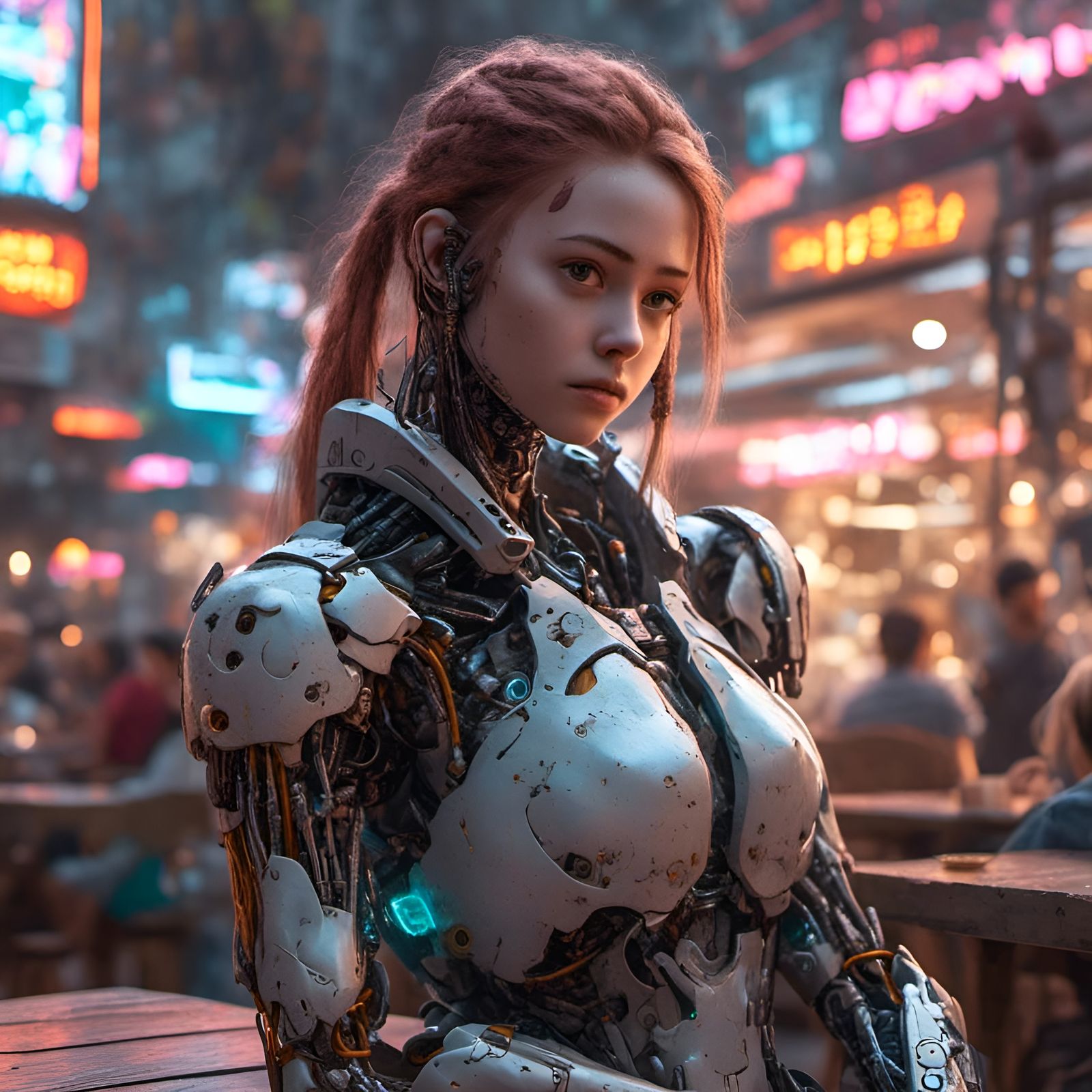 Cyborg Girl in Street Cafe