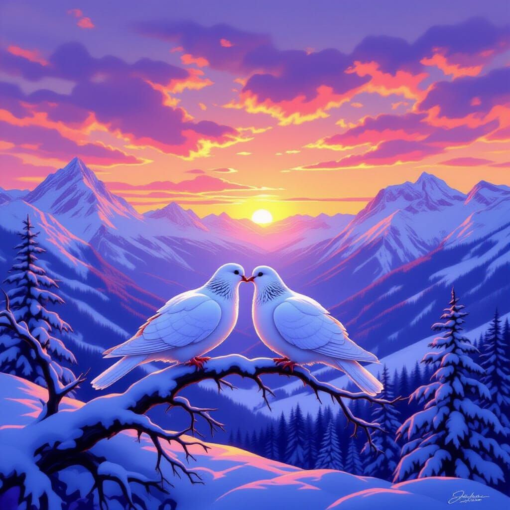 Romantic Sunset Over Snowy Valley with Doves Kissing
