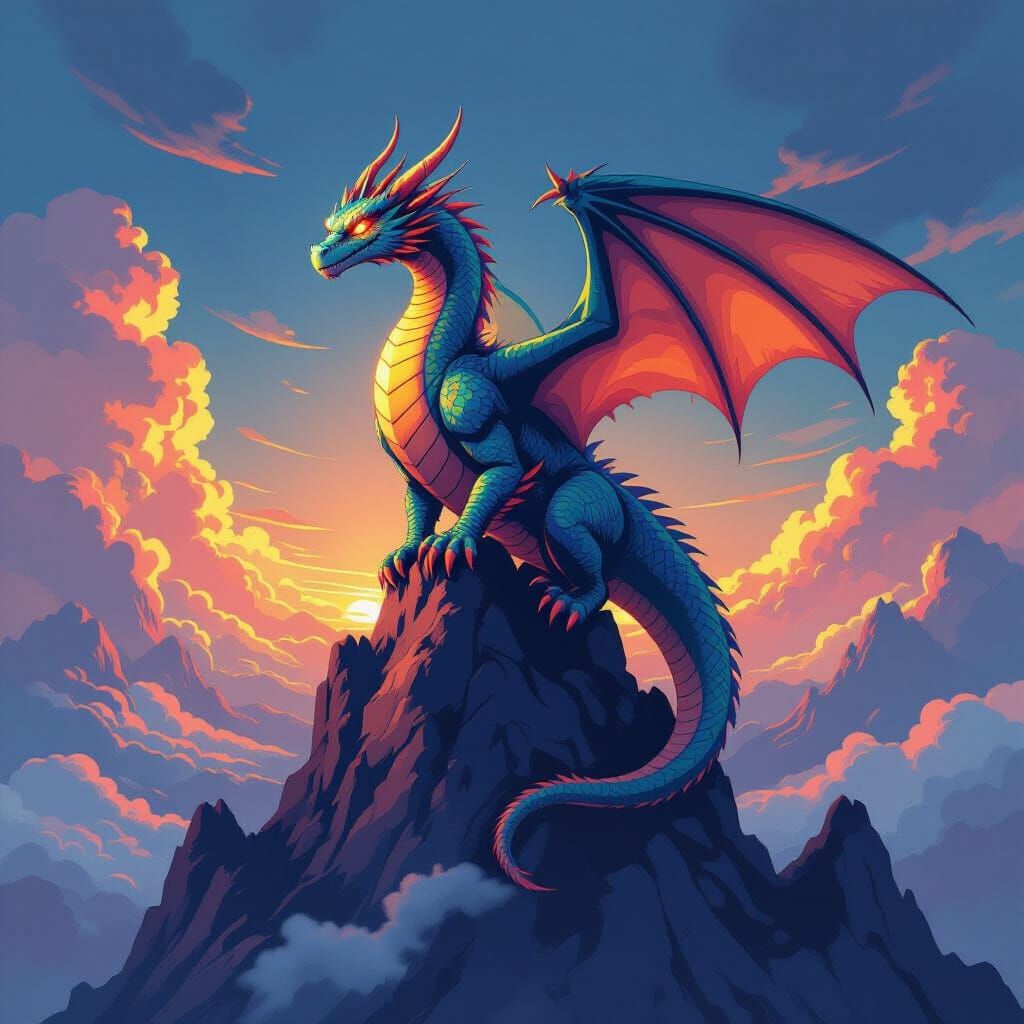 Colossal Dragon on Mountain Peak in Comic Book Style