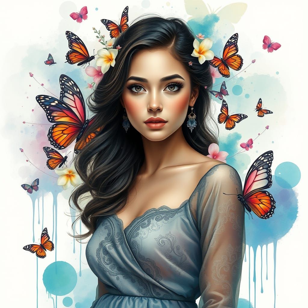 Woman with Butterflies in Dreamy Watercolor Style