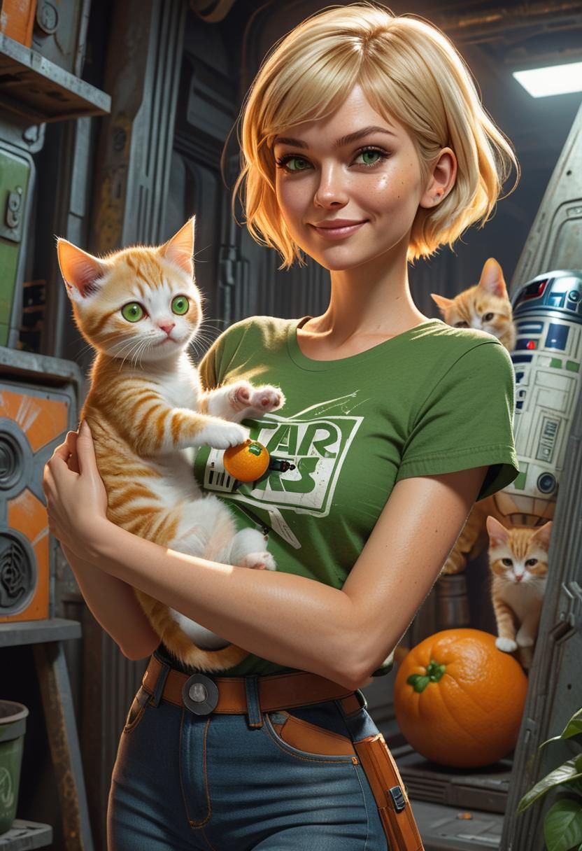 Pixie Woman Plays With Kitten in Comic Art Style
