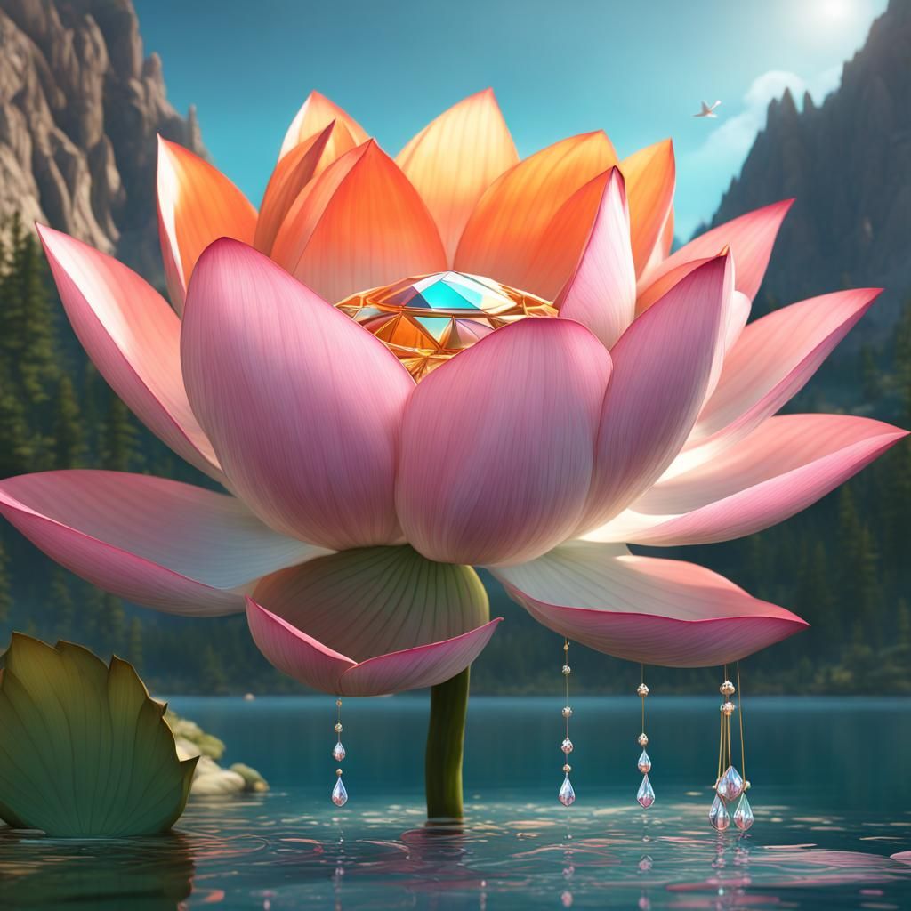 Lotus Flower with Diamond Dewdrops: Hyperdetailed Concept Ar...