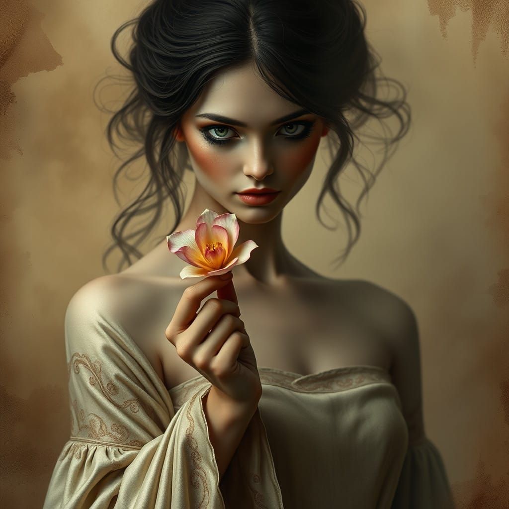 Enigmatic Woman in Ethereal Gown with Unfolding Flower