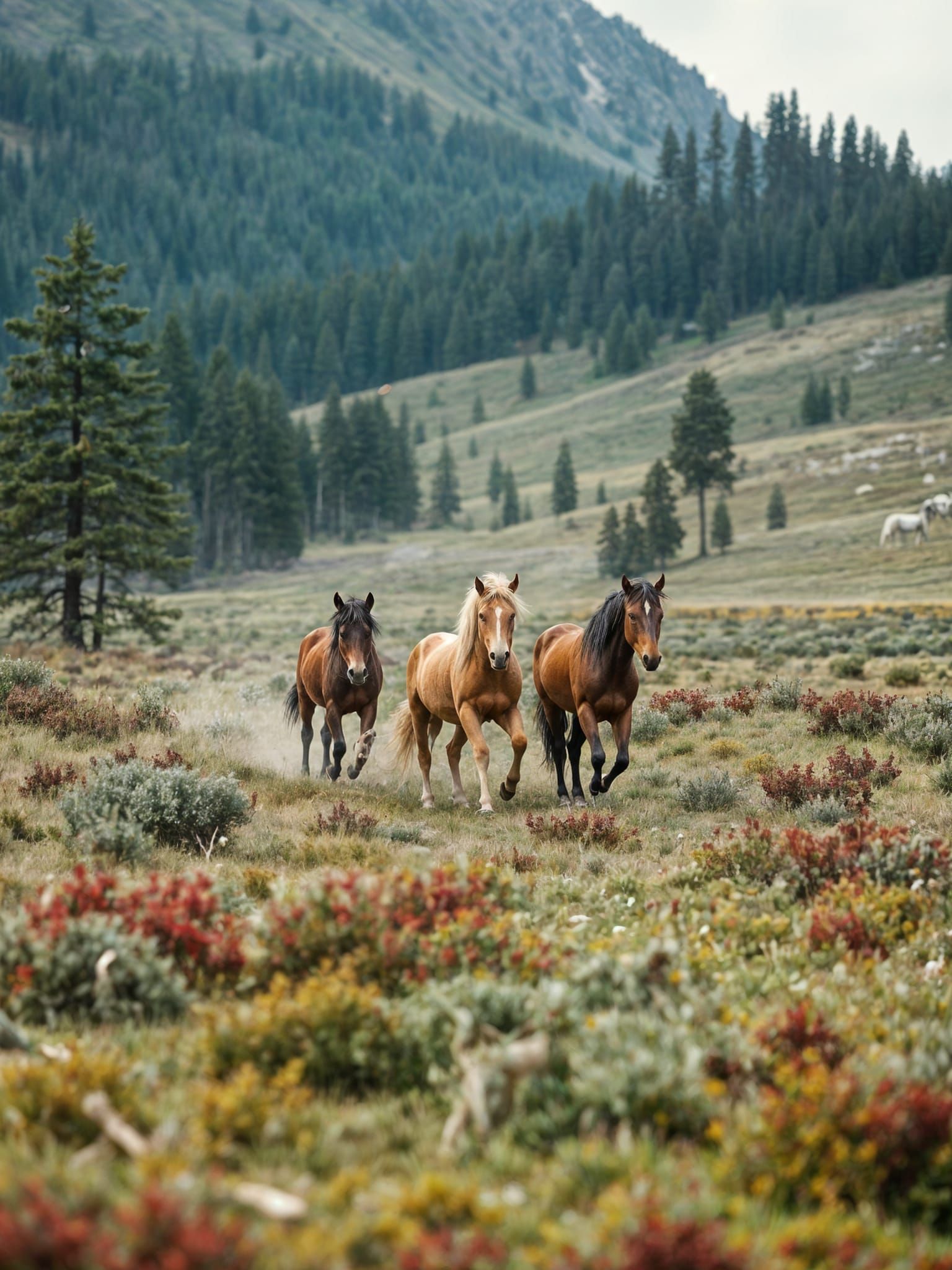 Wild Stallions Roaming Free in a Golden Landscape