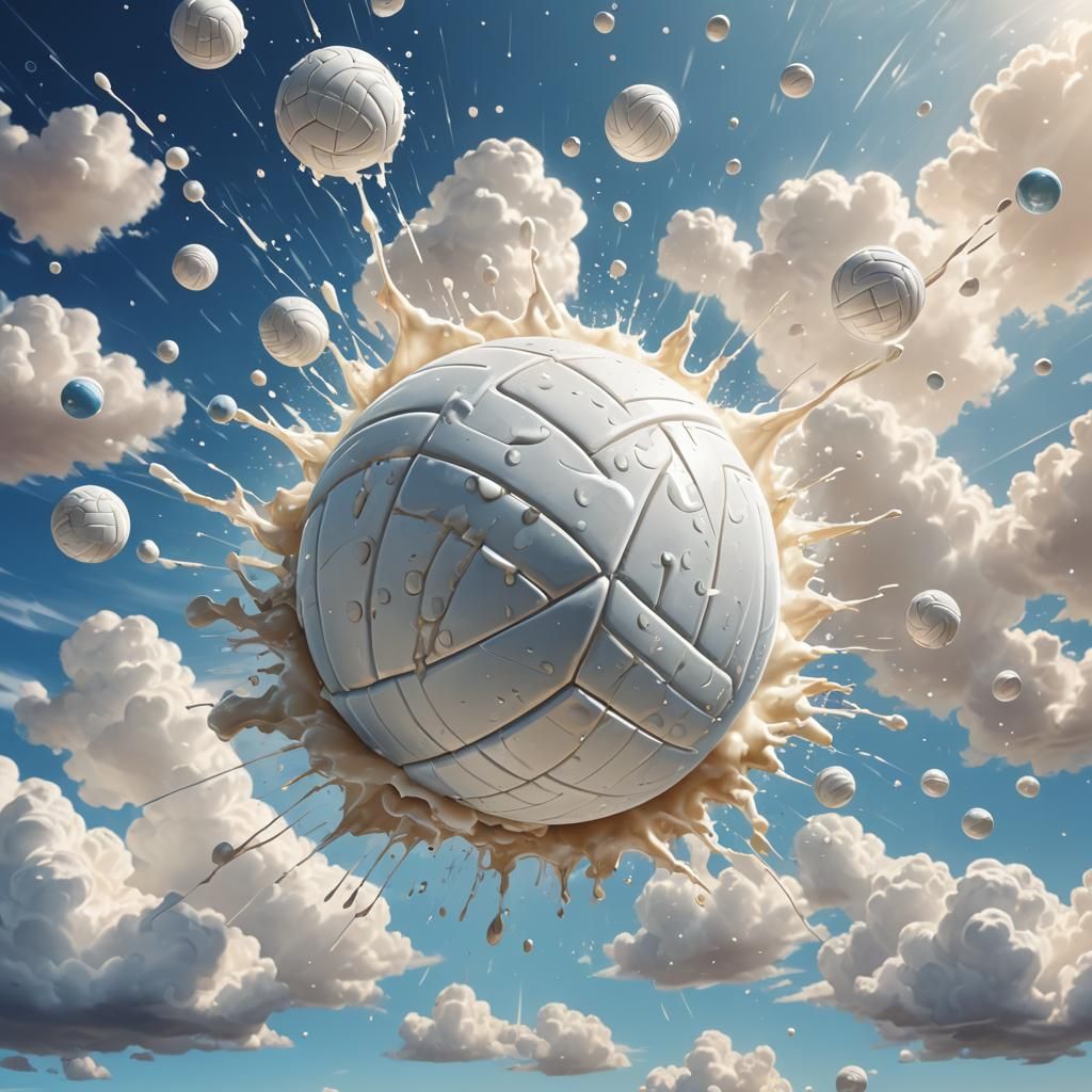 Surreal Volleyball Bouncing on Milk Rain Clouds