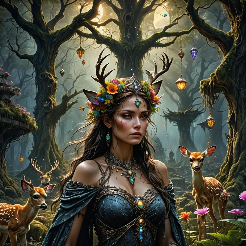 Mother Nature Goddess with Fawn in Fairy Forest