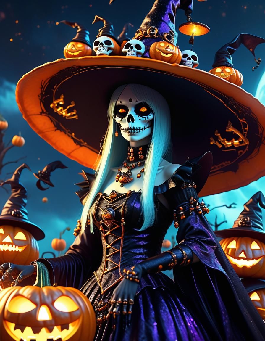 Spooky Halloween Goddess Rides a Jack-o'-Lantern