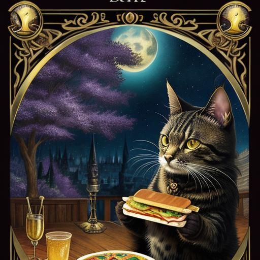 Surreal Cat Tarot Card with Sandwich