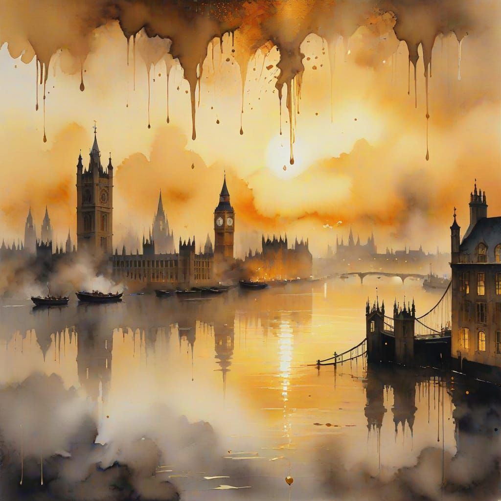 The great fire of London 1666 in the style of William Turner