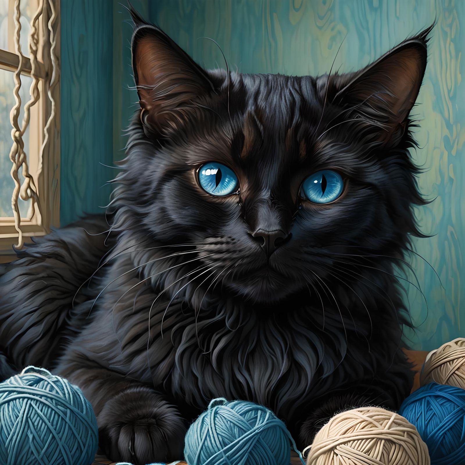 Black Cat with Blue Eyes in Yarn Room