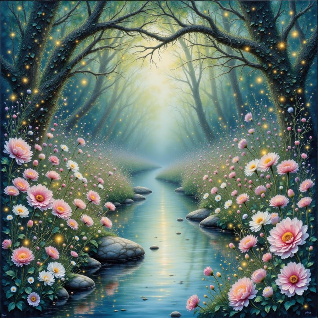 Enchanted Glade with Flower Garland and Fireflies