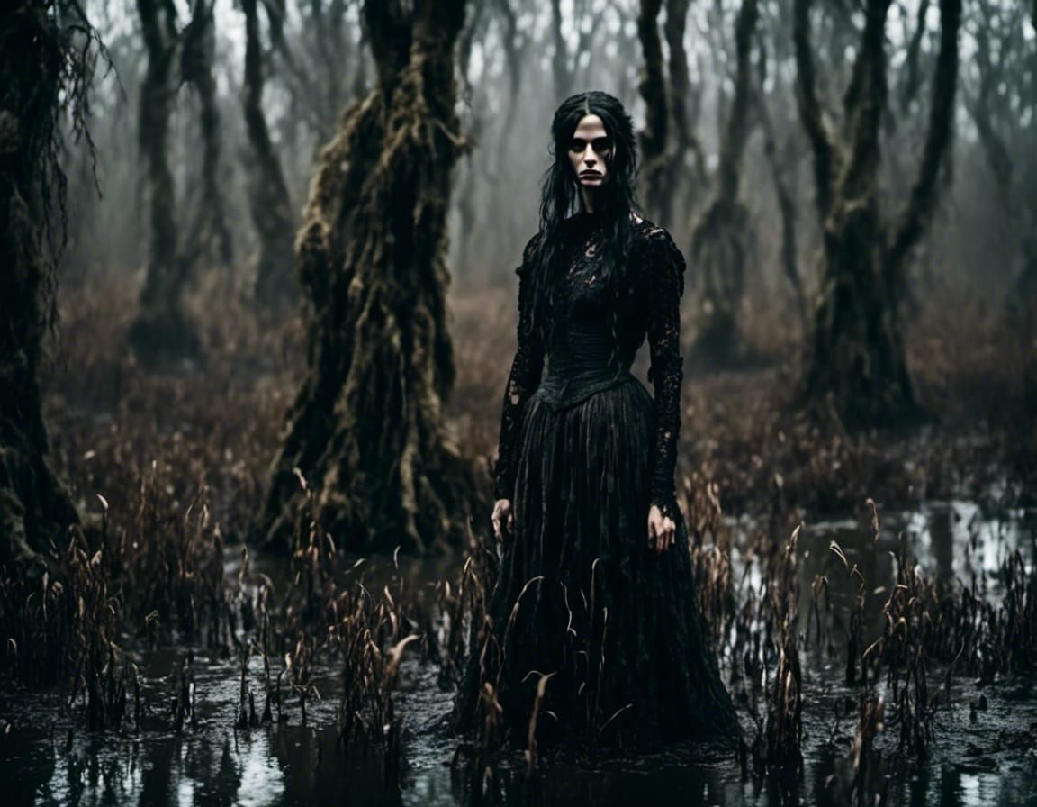 Eerie Swamp Woman with Haunted Eyes