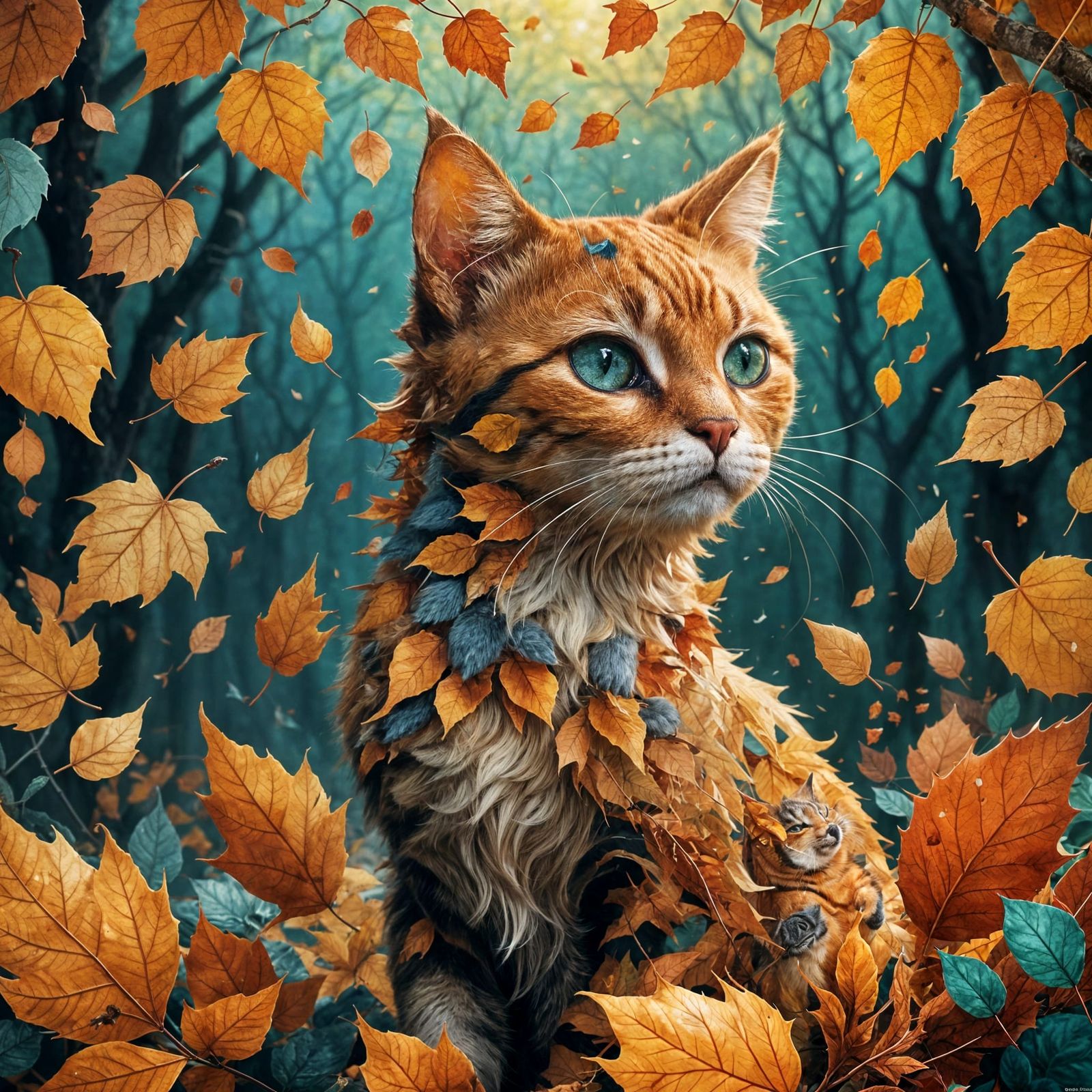 Whimsical Autumn Cat with Flying Leaves