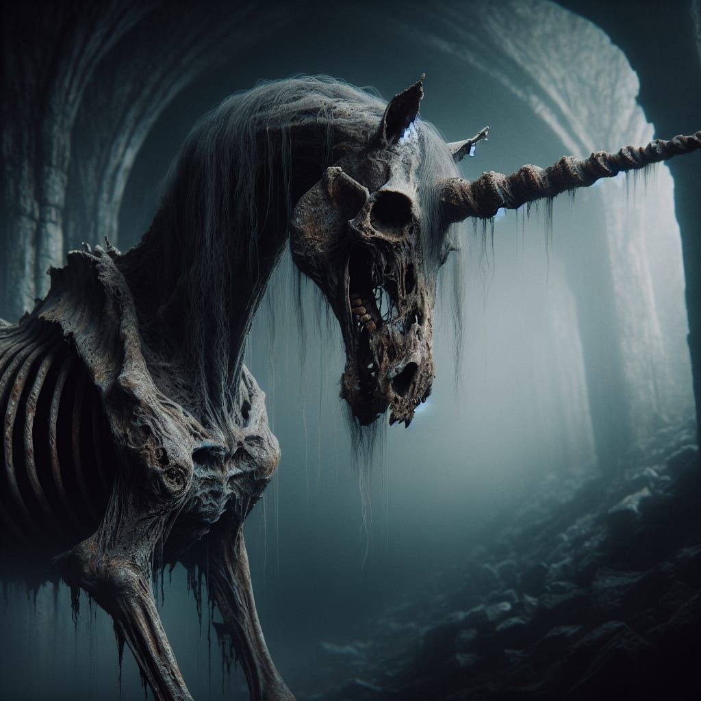 Decaying Undead Unicorn in Desolate Landscape